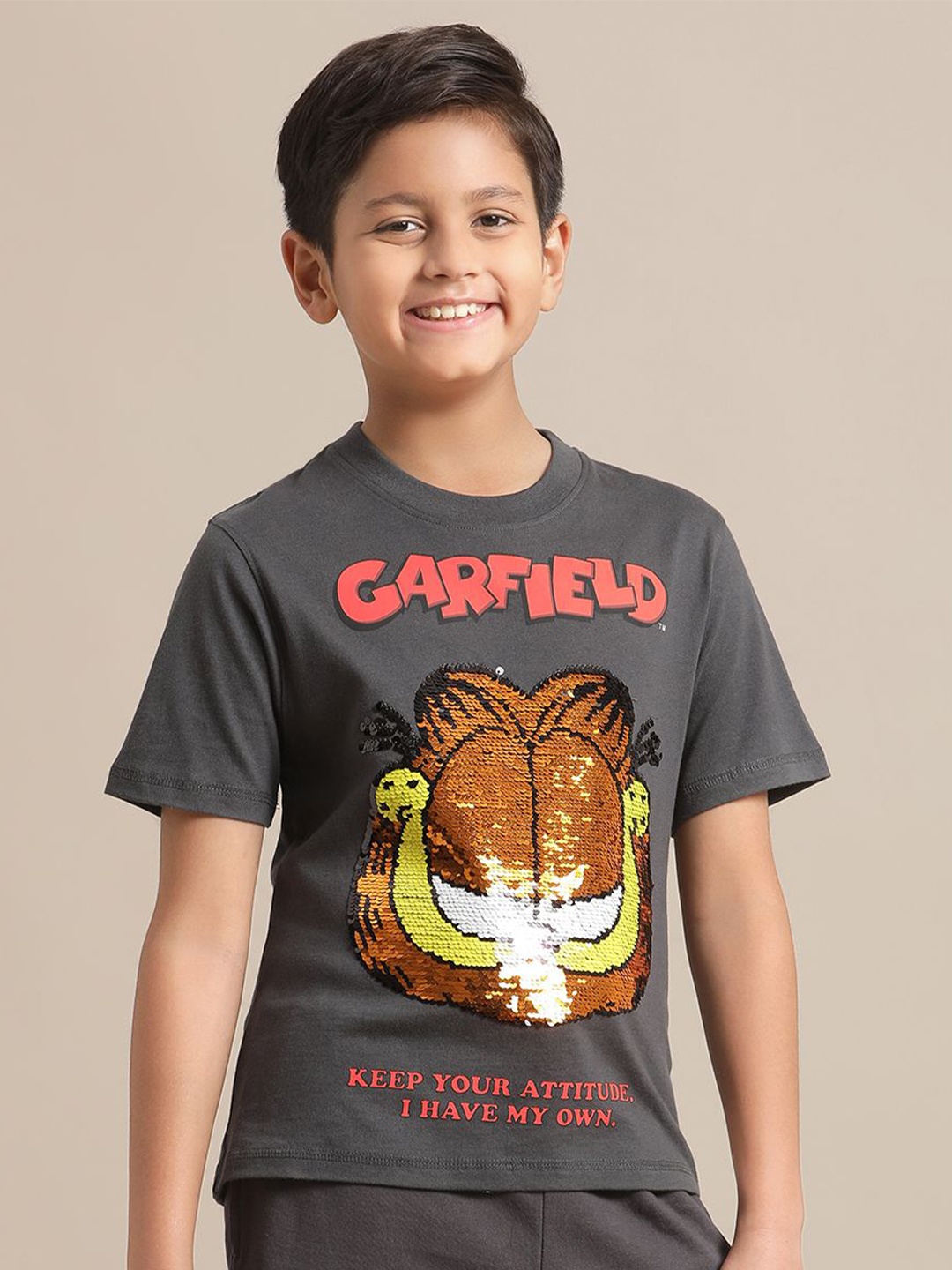 

Kids Ville Boys Garfield Printed Pure Cotton Tshirts, Grey