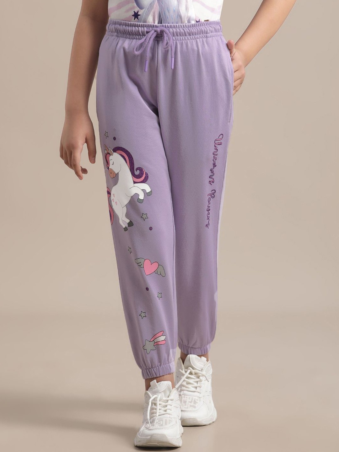 

Kids Ville Girls Unicorn Printed Mid Rise Joggers, Purple