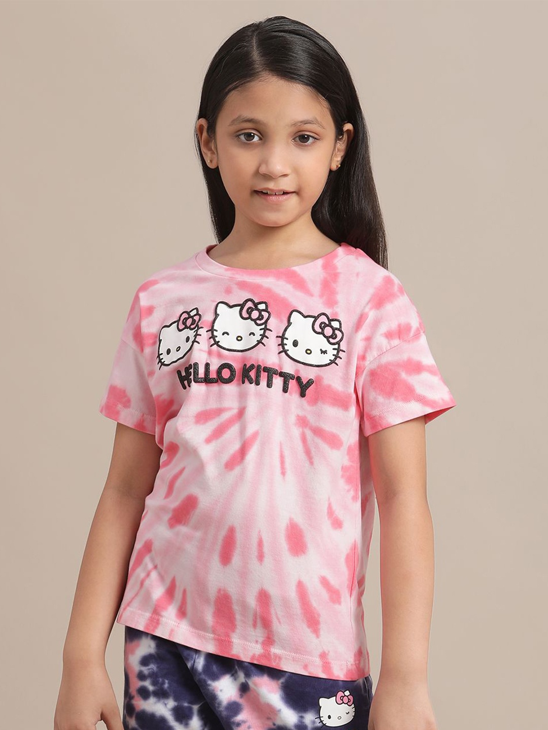 

Kids Ville Girls Tie And Dye Hello Kitty Printed Pure Cotton T-Shirt, Pink