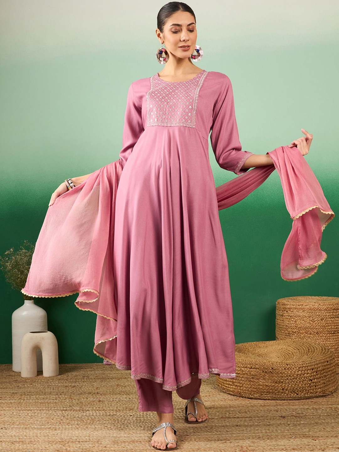 

Sangria Rose Floral Embroidered Sequinned A-Line Kurta with Trousers & Dupatta