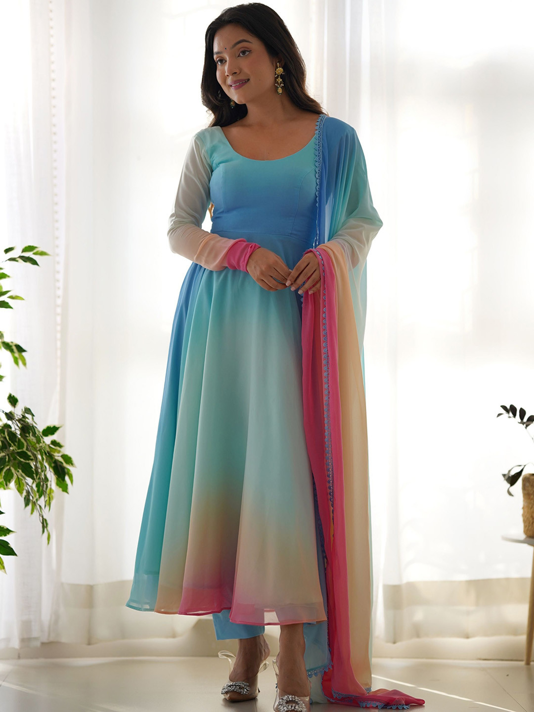 

NIZA FASHION Ombre Dyed Regular Anarkali Kurta with Trousers & Dupatta, Blue