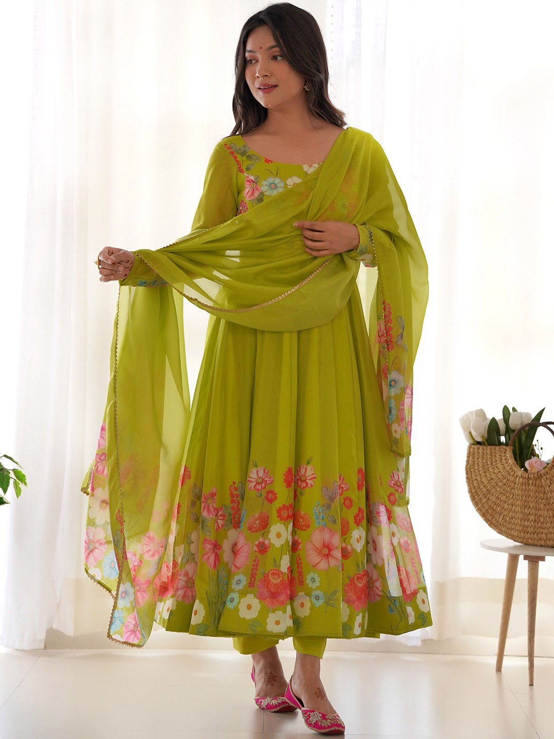 

NIZA FASHION Floral Printed Regular Anarkali Kurta with Trousers & Dupatta, Olive