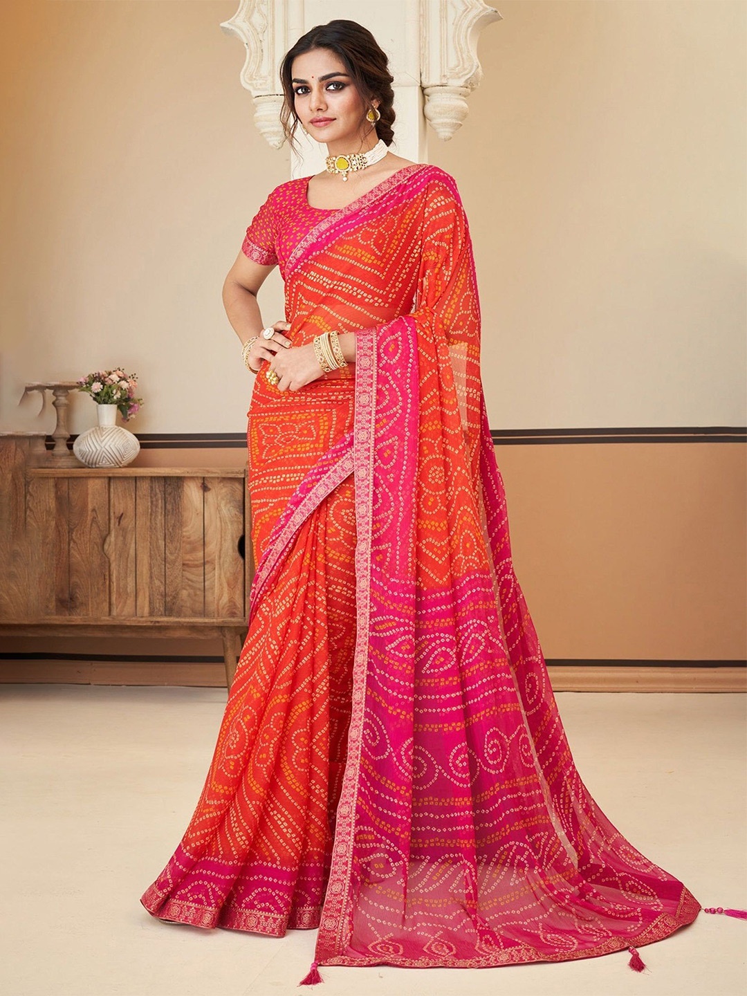 

MySilkLove Bandhani Pure Chiffon Bandhani Saree, Pink