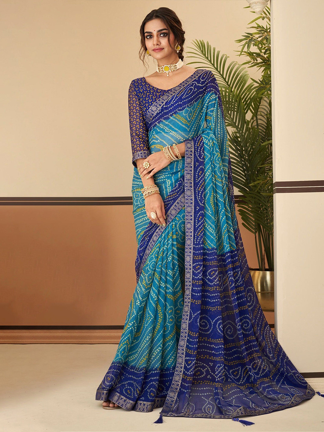

MySilkLove Pure Chiffon Bandhani Saree, Blue