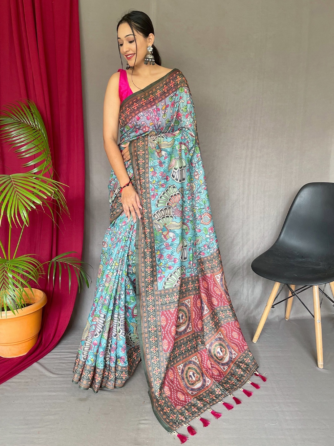

MySilkLove Kalamkari Bandhani Saree, Blue