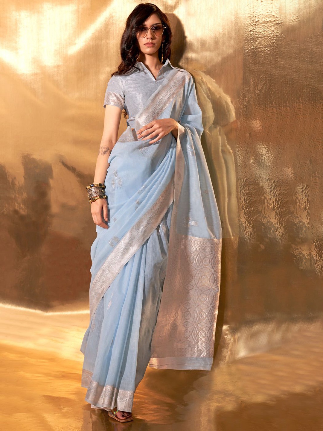 

MySilkLove Woven Design Zari Pure Linen Banarasi Saree, Blue