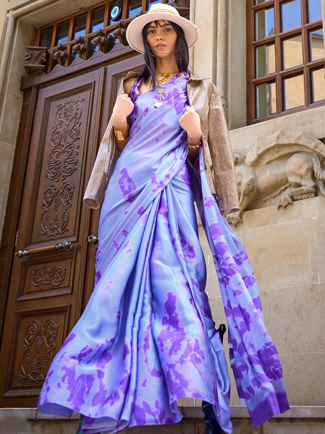 

MySilkLove Floral Satin Saree, Purple