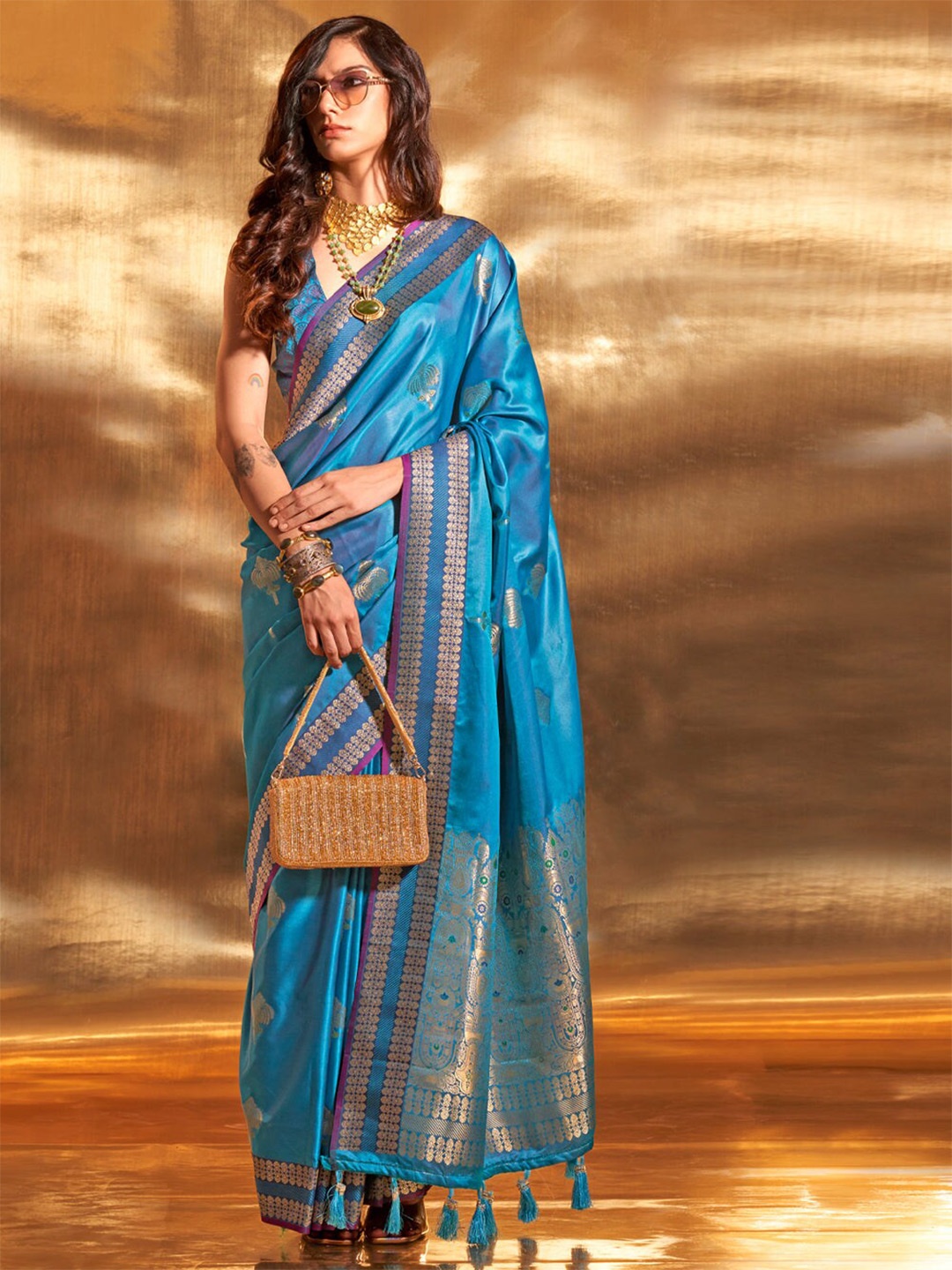 

MySilkLove Ethnic Motifs Zari Satin Banarasi Saree, Blue