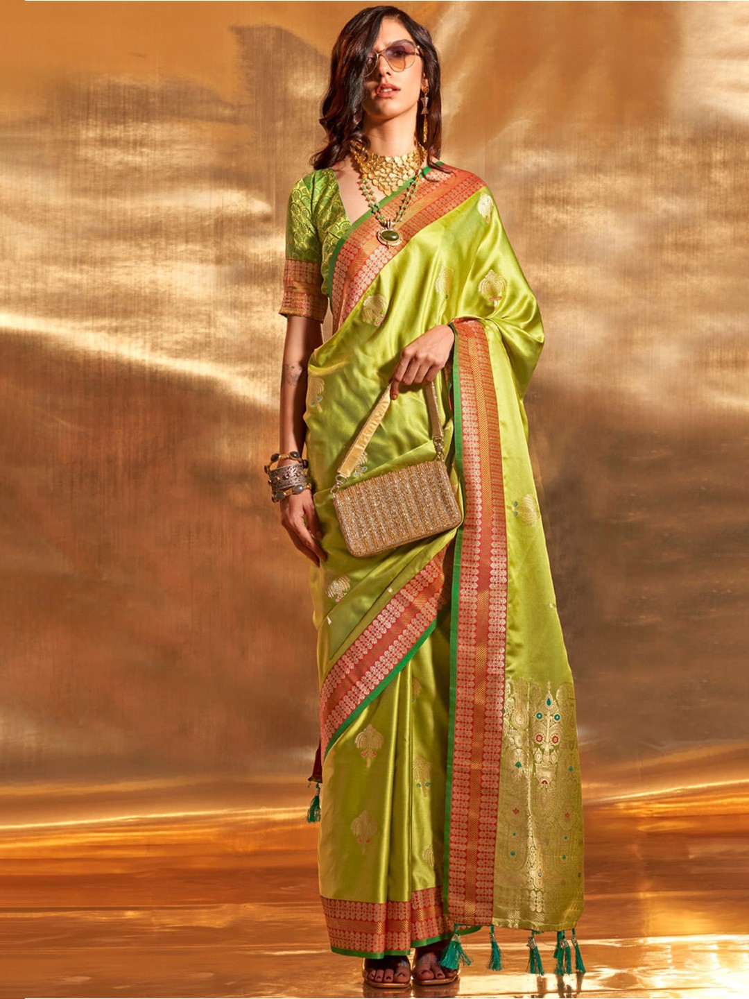 

MySilkLove Woven Design Zari Satin Banarasi Saree, Green