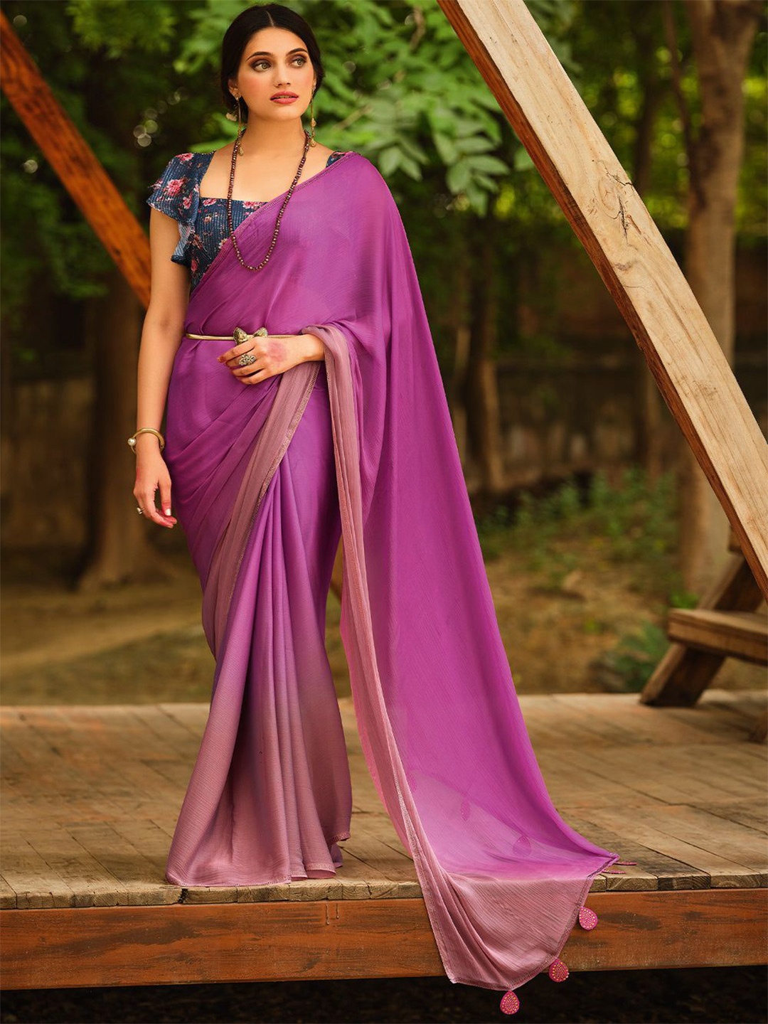 

MySilkLove Ombre Beads and Stones Pure Chiffon Saree, Purple