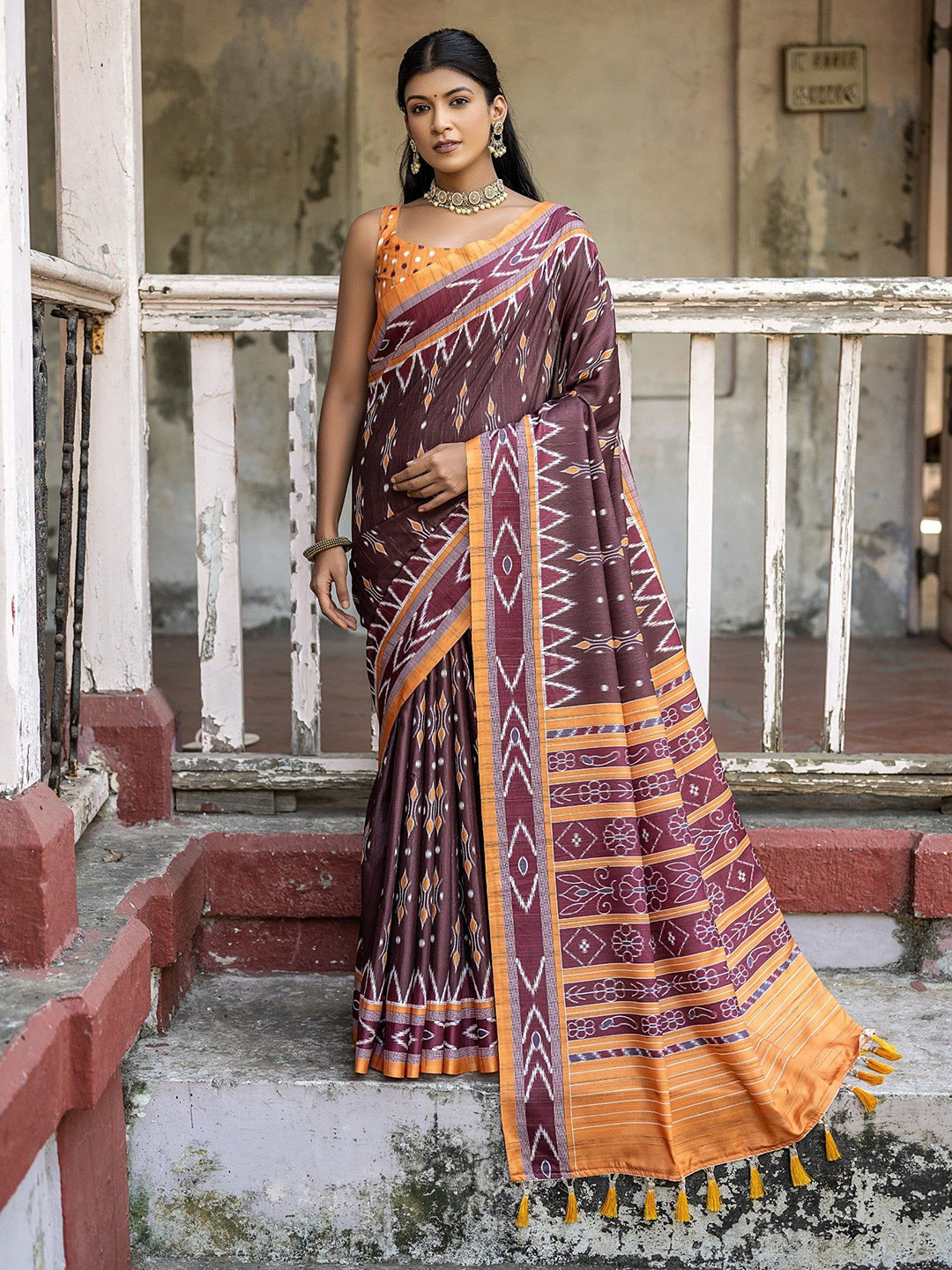 

MySilkLove Pure Cotton Ikat Saree, Brown