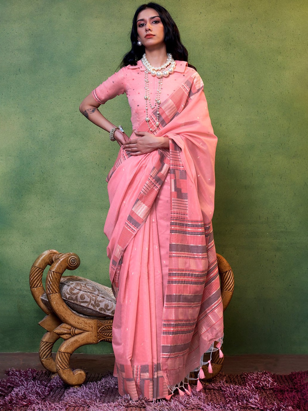 

MySilkLove Woven Design Zari Pure Cotton Saree, Pink