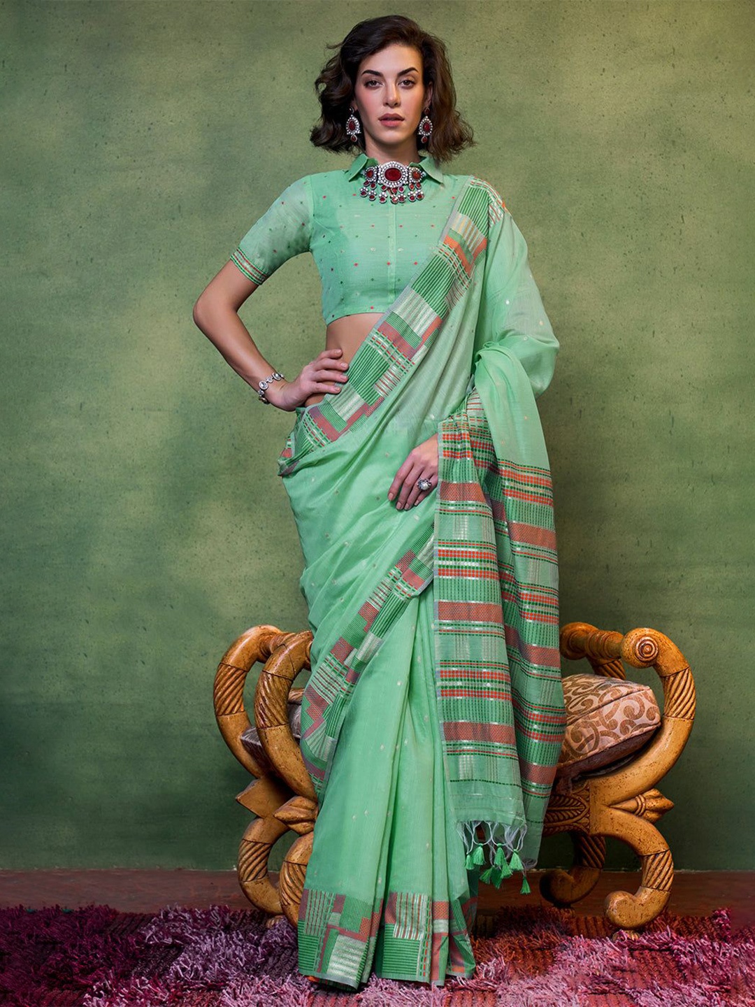 

MySilkLove Woven Design Zari Pure Cotton Saree, Green