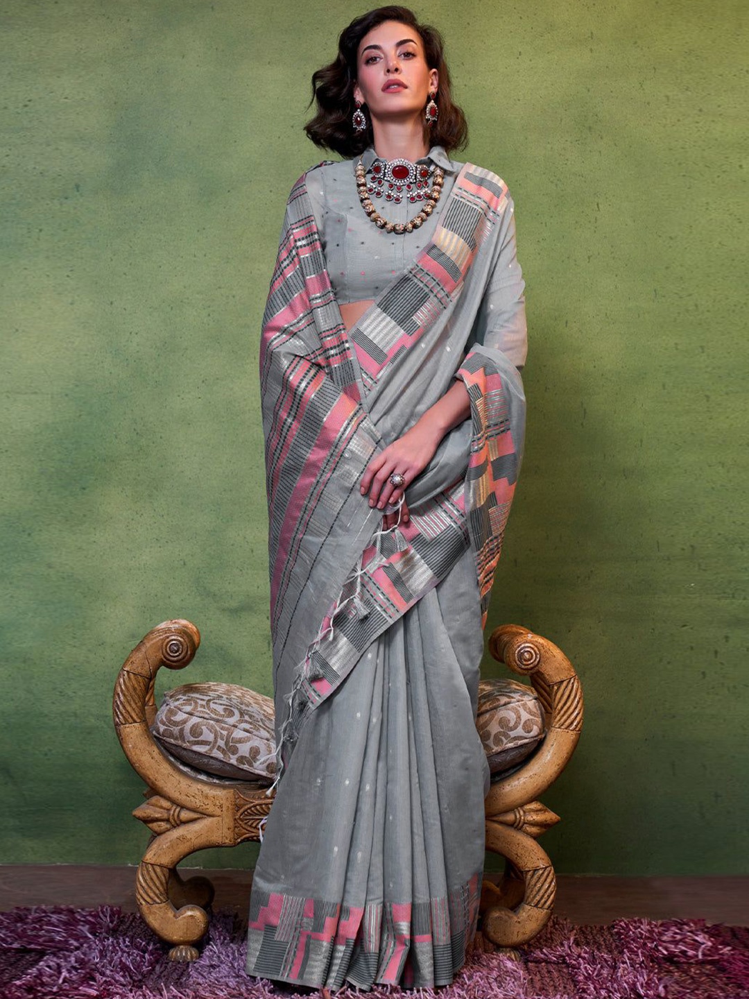 

MySilkLove Woven Design Zari Pure Cotton Saree, Grey