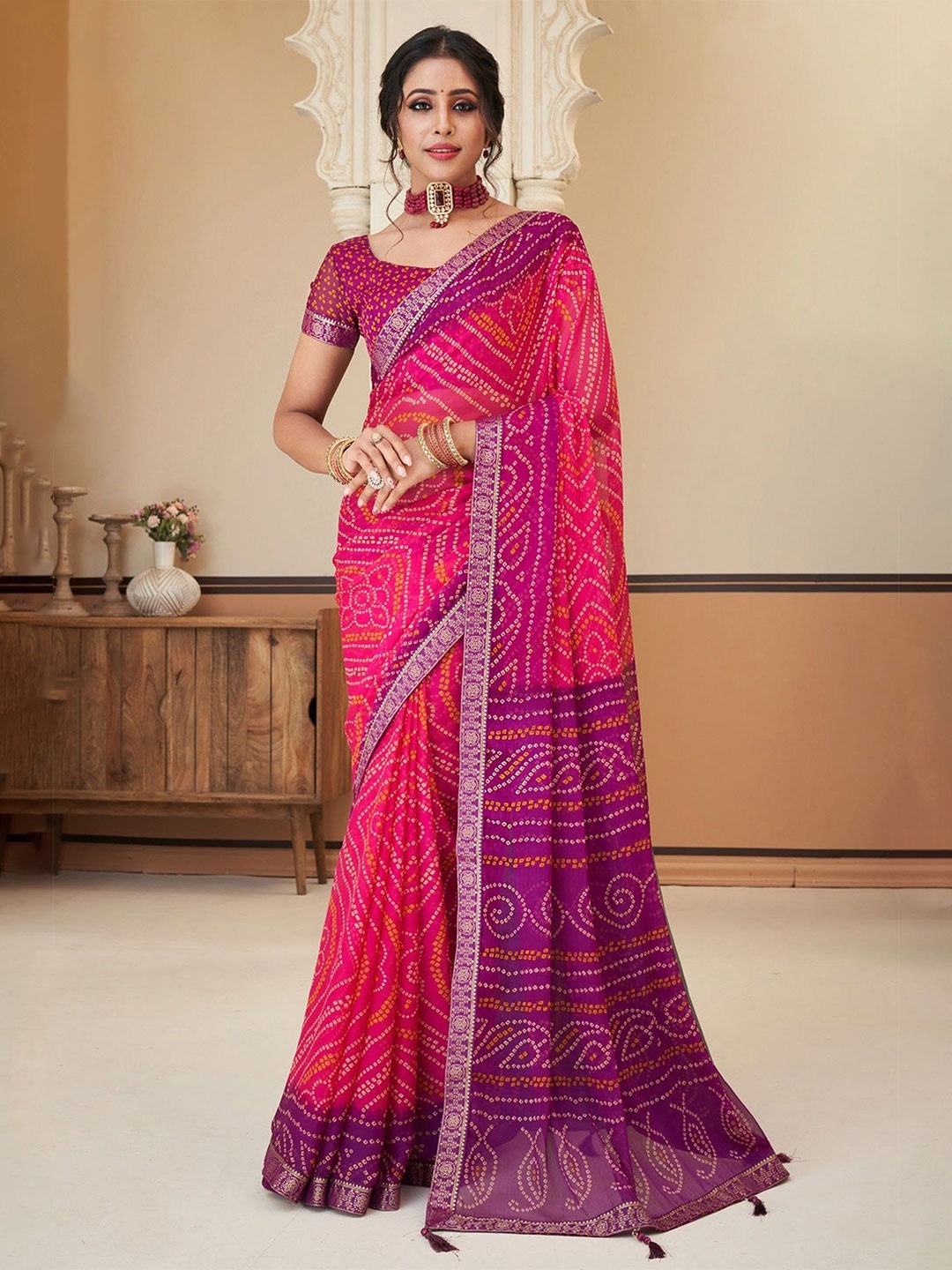 

MySilkLove Bandhani Pure Chiffon Bandhani Saree, Pink