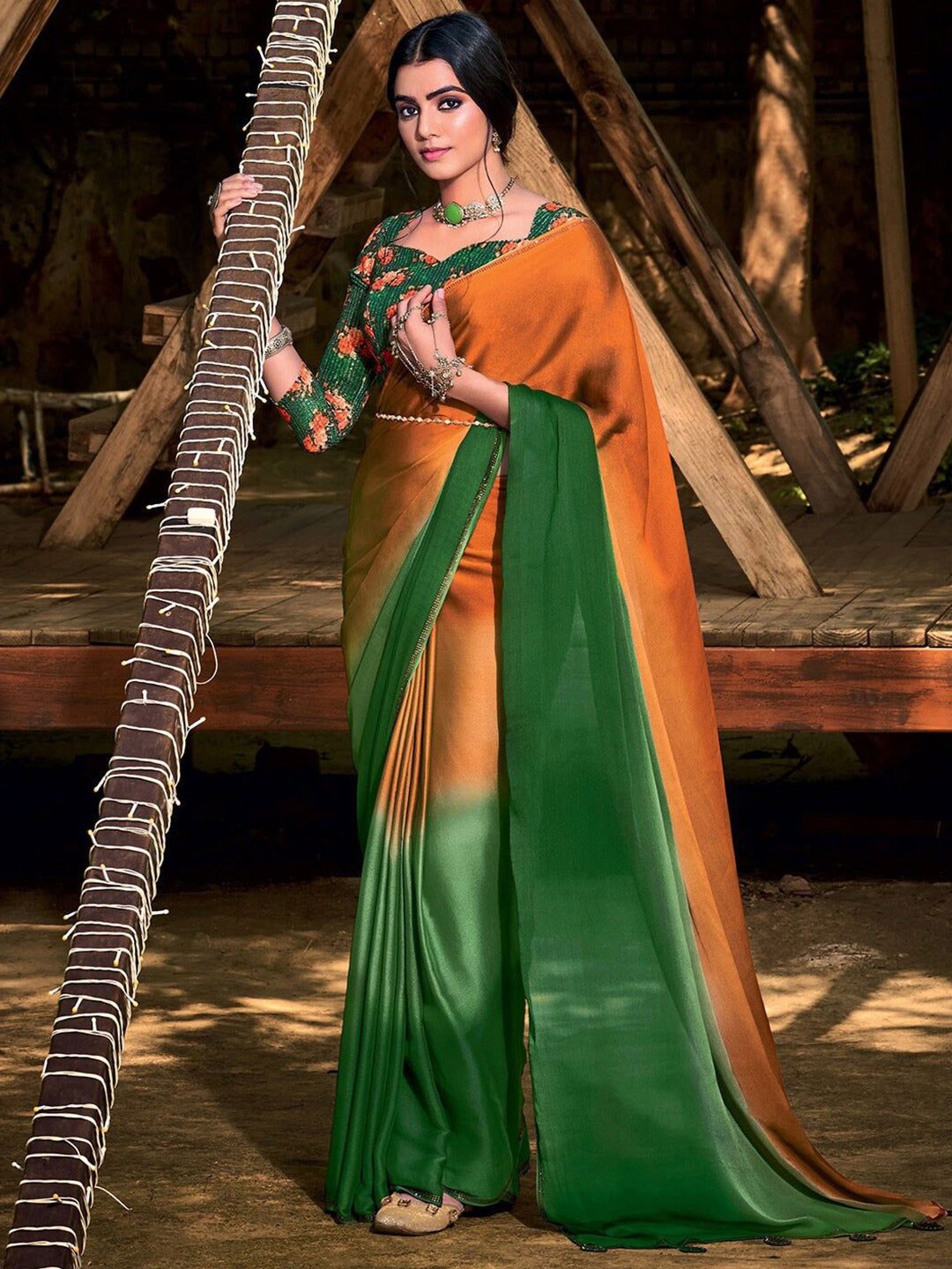 

MySilkLove Ombre Beads and Stones Pure Chiffon Saree, Orange