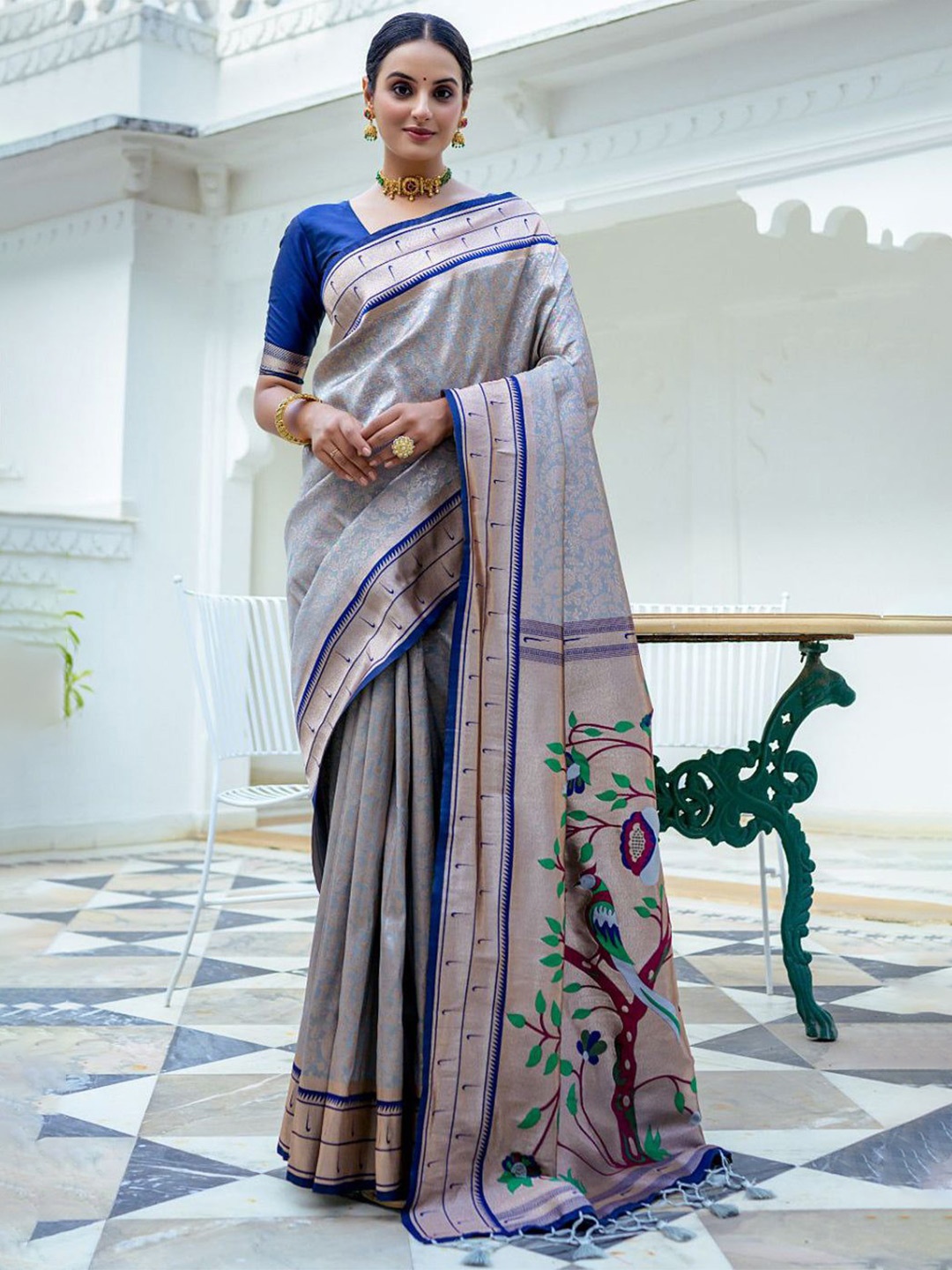 

MySilkLove Woven Design Zari Paithani Saree, Grey