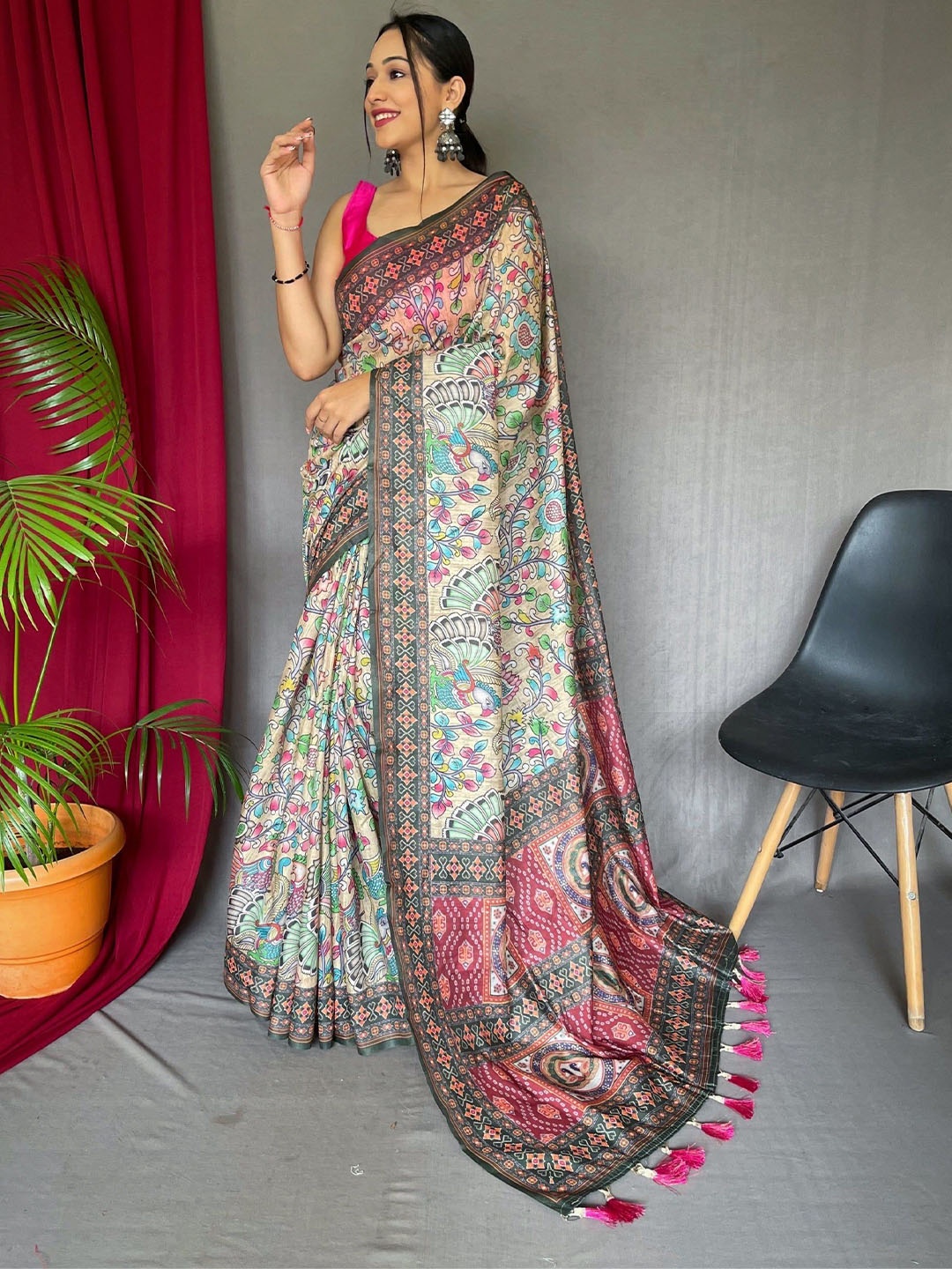 

MySilkLove Kalamkari Bandhani Saree, Green