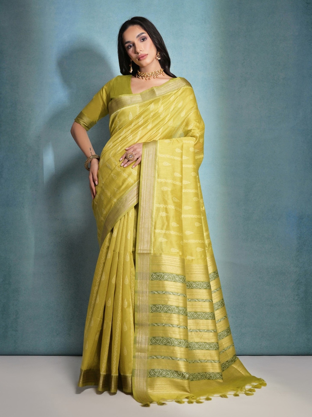 

MySilkLove Ethnic Motifs Zari Ikat Saree, Yellow