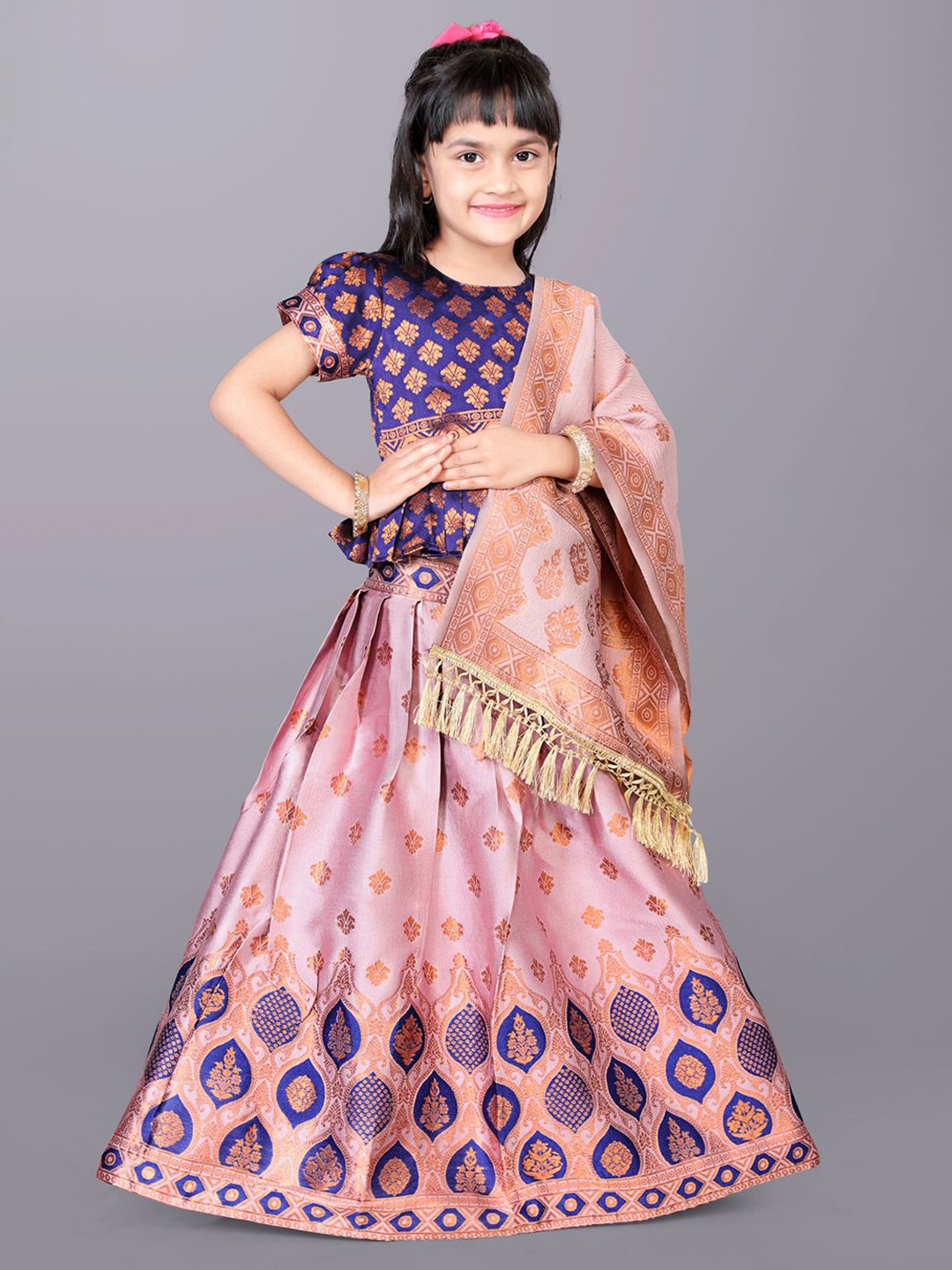 

BAESD Girls Jacquard Ready to Wear Lehenga & Blouse With Dupatta, Pink