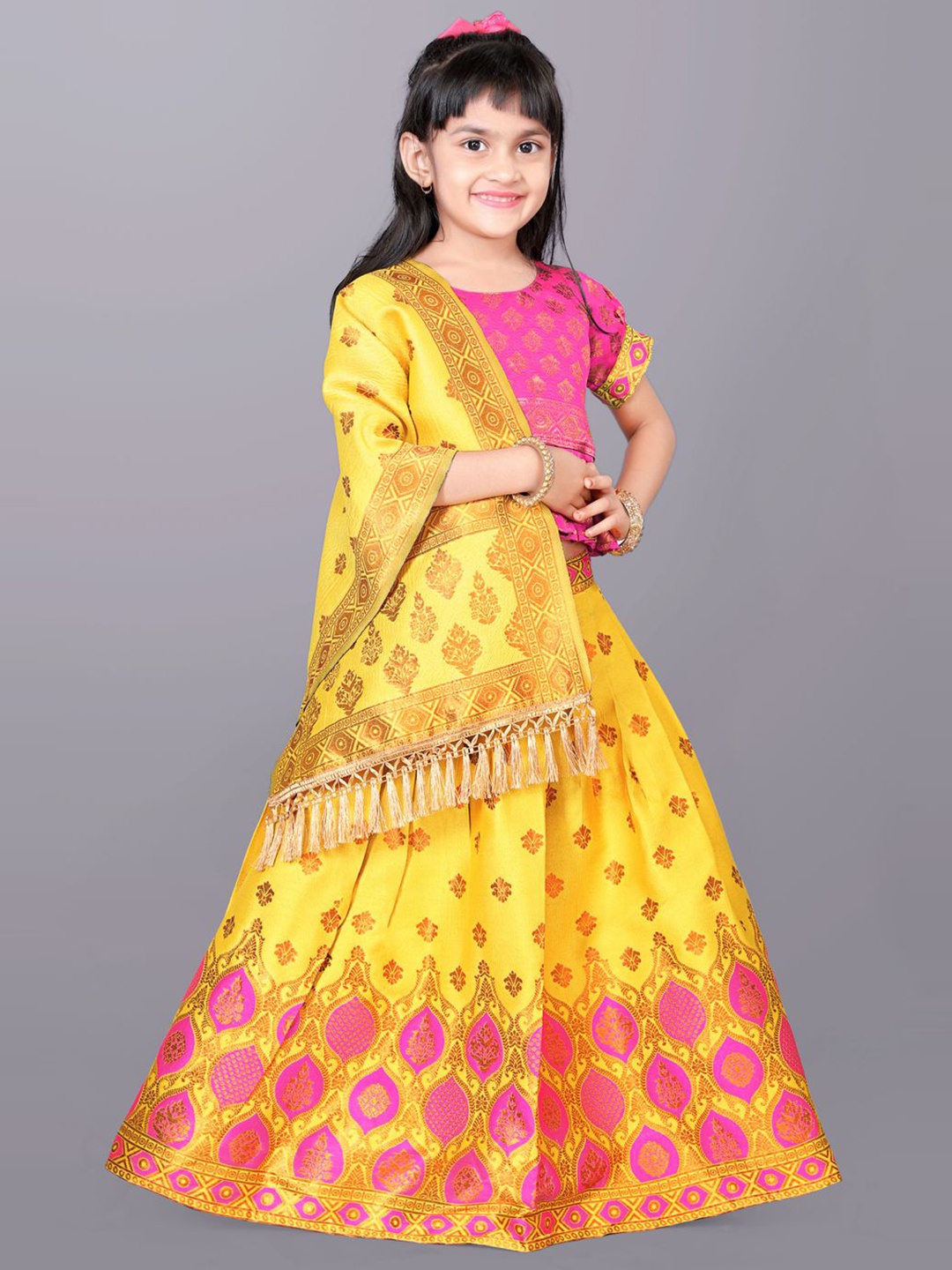 

BAESD Girls Jacquard Ready to Wear Lehenga & Blouse With Dupatta, Yellow