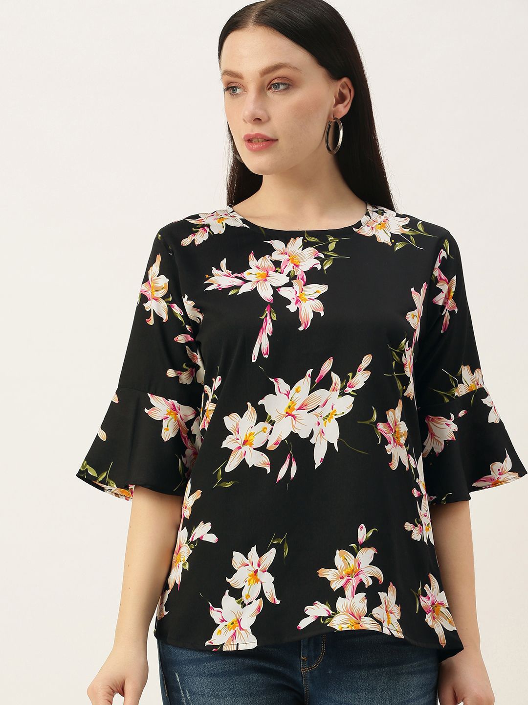 

all about you Floral Printed Round Neck Top, Black
