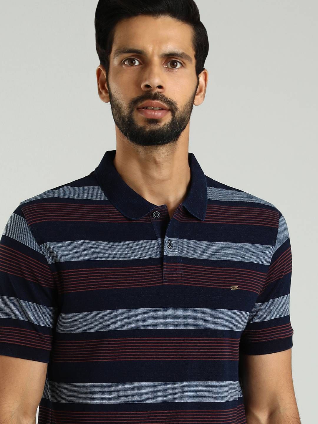 

Indian Terrain Men Striped Polo Collar T-shirt, Navy blue
