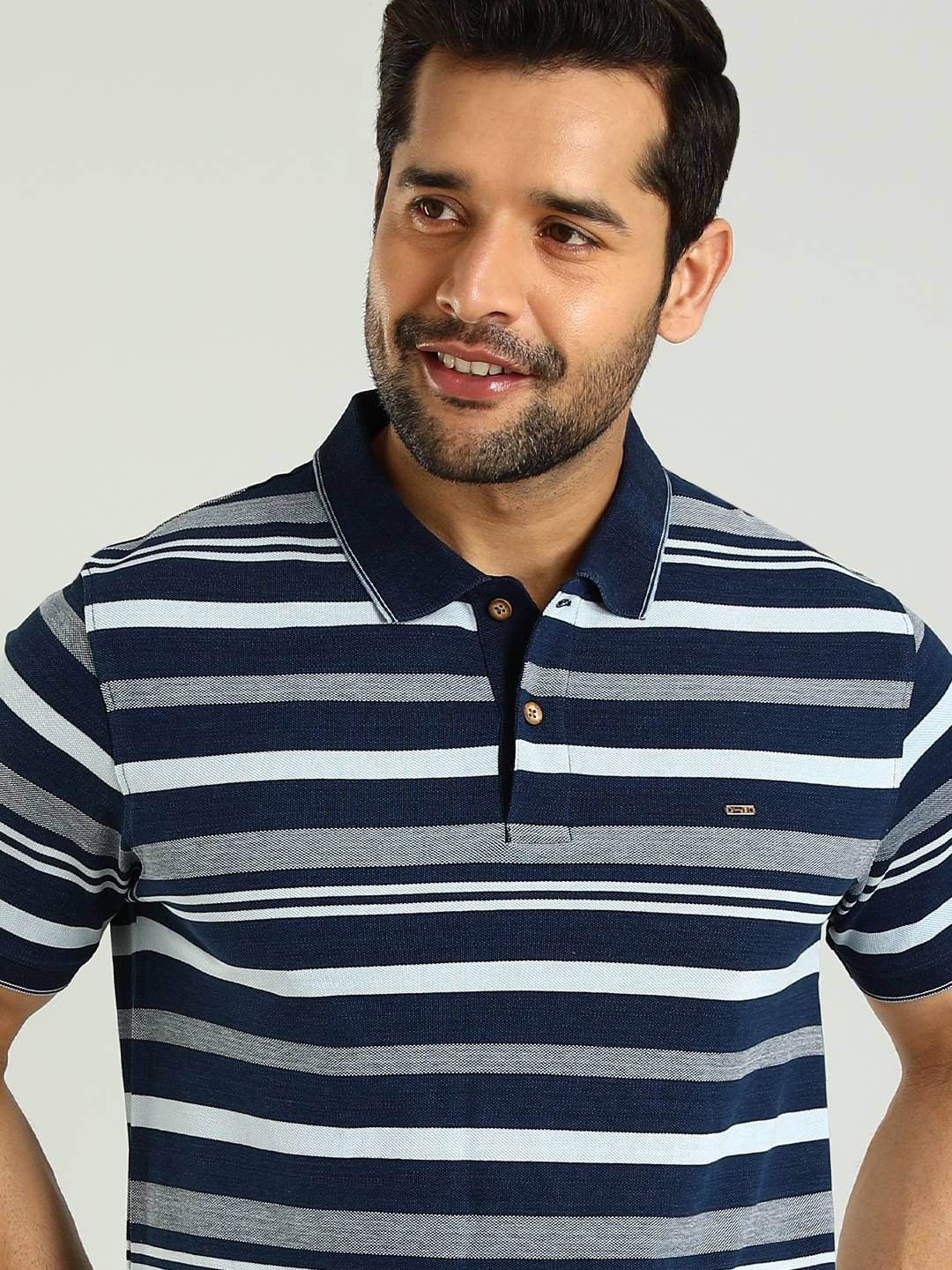 

Indian Terrain Men Cotton Striped Polo Collar Nautical T-shirt, Navy blue