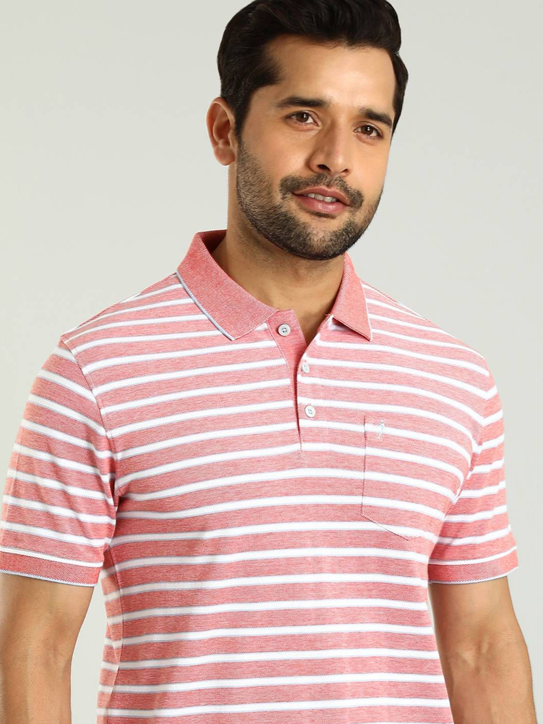 

Indian Terrain Men Striped Polo Collar Pockets T-shirt, Pink