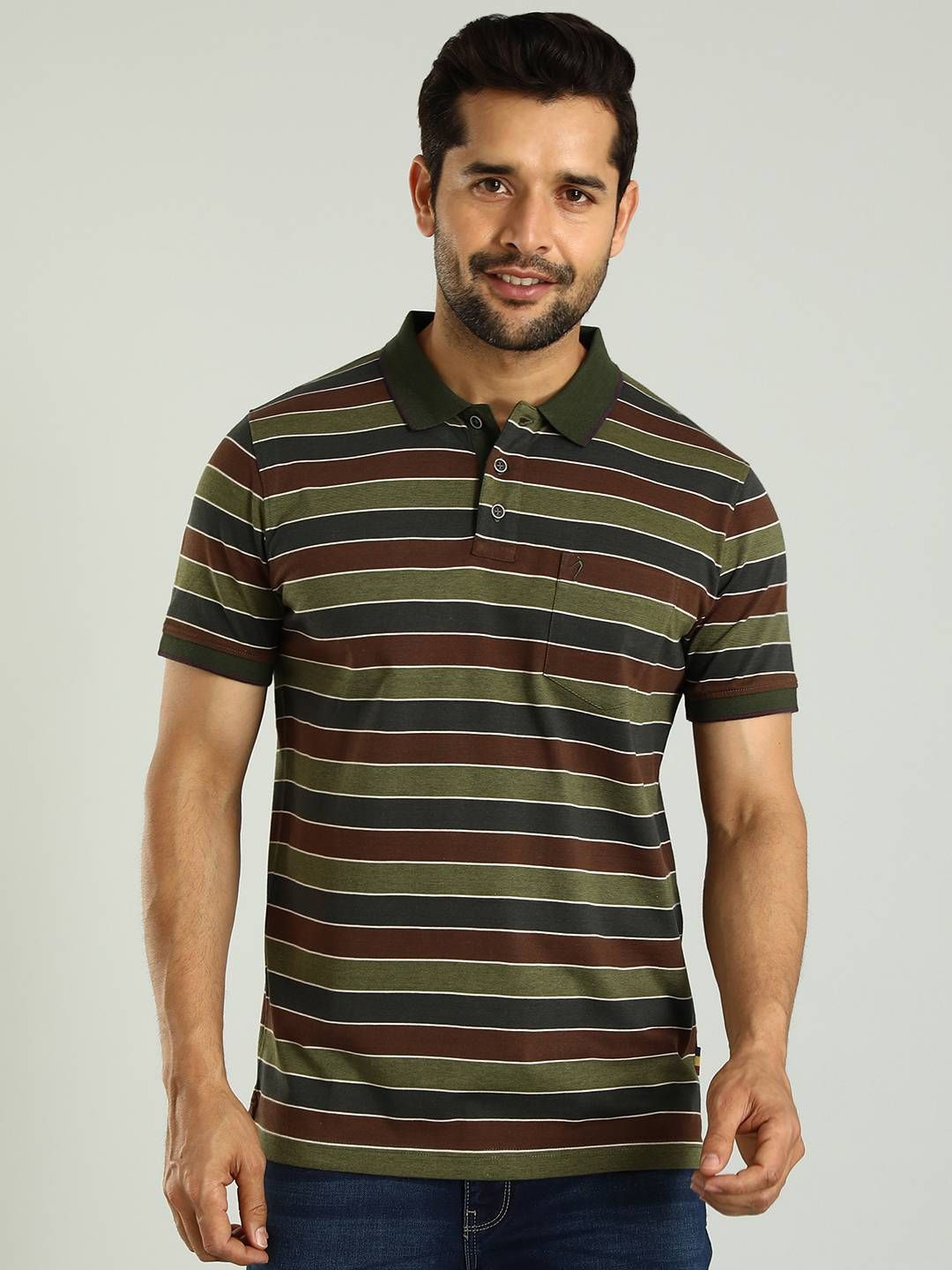 

Indian Terrain Men Striped Polo Collar Pockets T-shirt, Olive