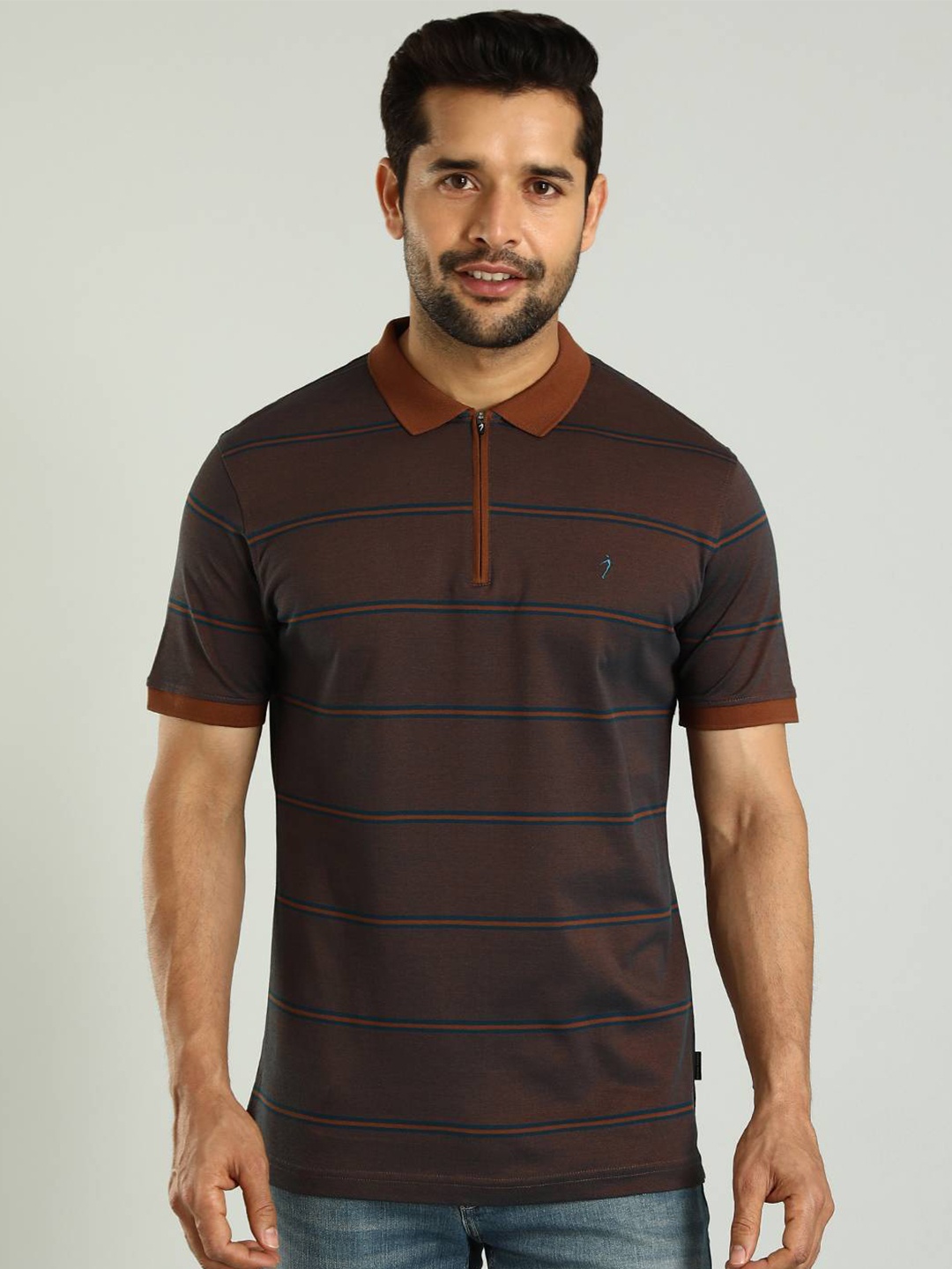 

Indian Terrain Men Striped Polo Collar Cotton T-shirt, Brown