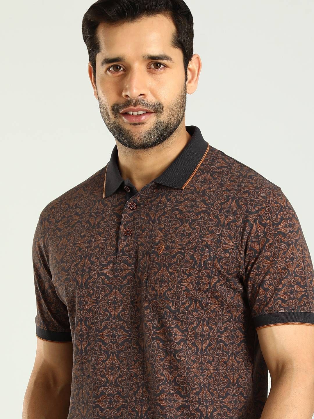 

Indian Terrain Men Ethnic Printed Polo Collar Pockets Cotton T-shirt, Black