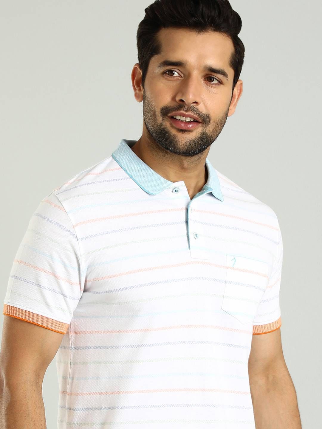 

Indian Terrain Men Striped Polo Collar Pockets Cotton T-shirt, White