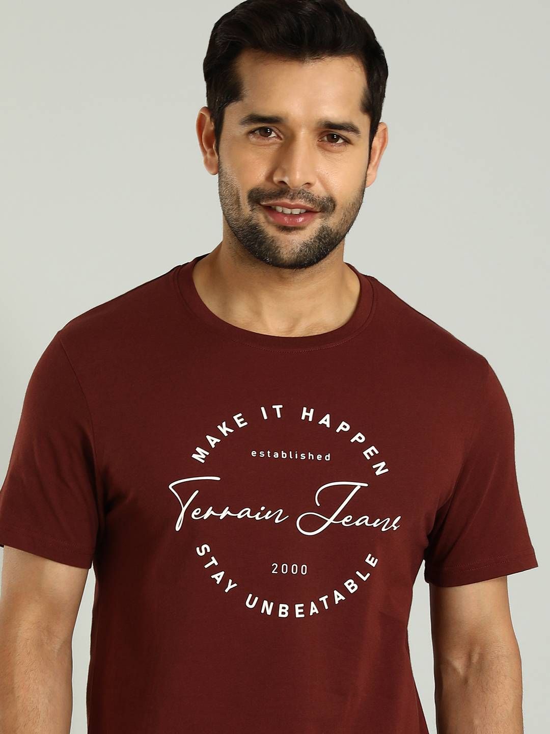 

Indian Terrain Men Typography Printed Pure Cotton T-shirt, Brown