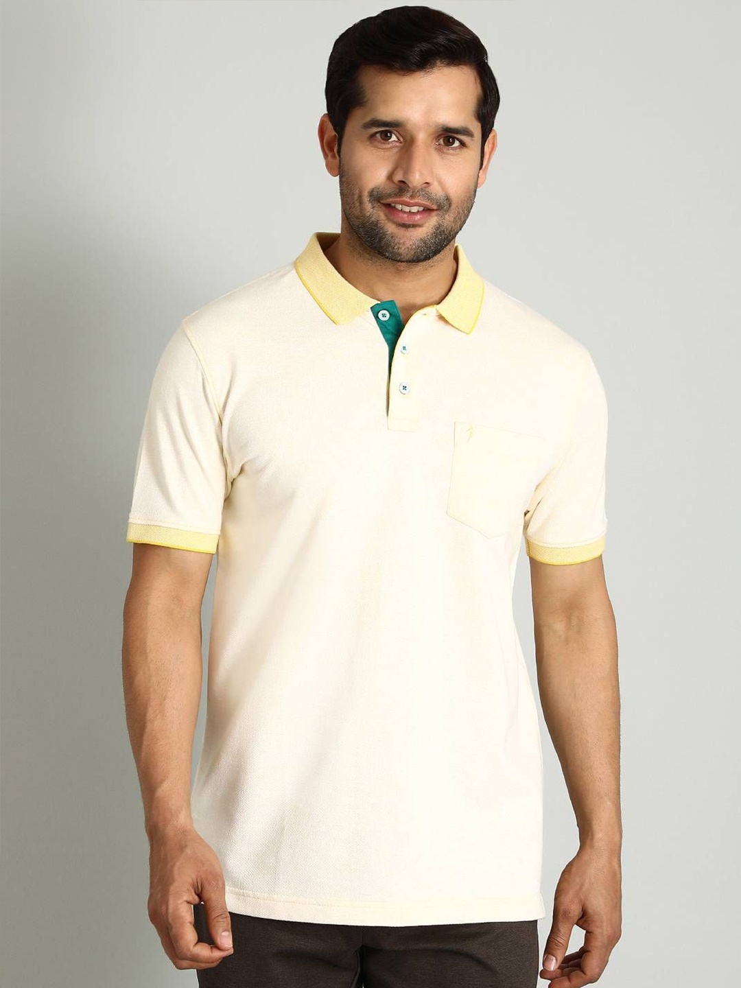 

Indian Terrain Men Polo Collar Pockets Cotton T-shirt, Yellow