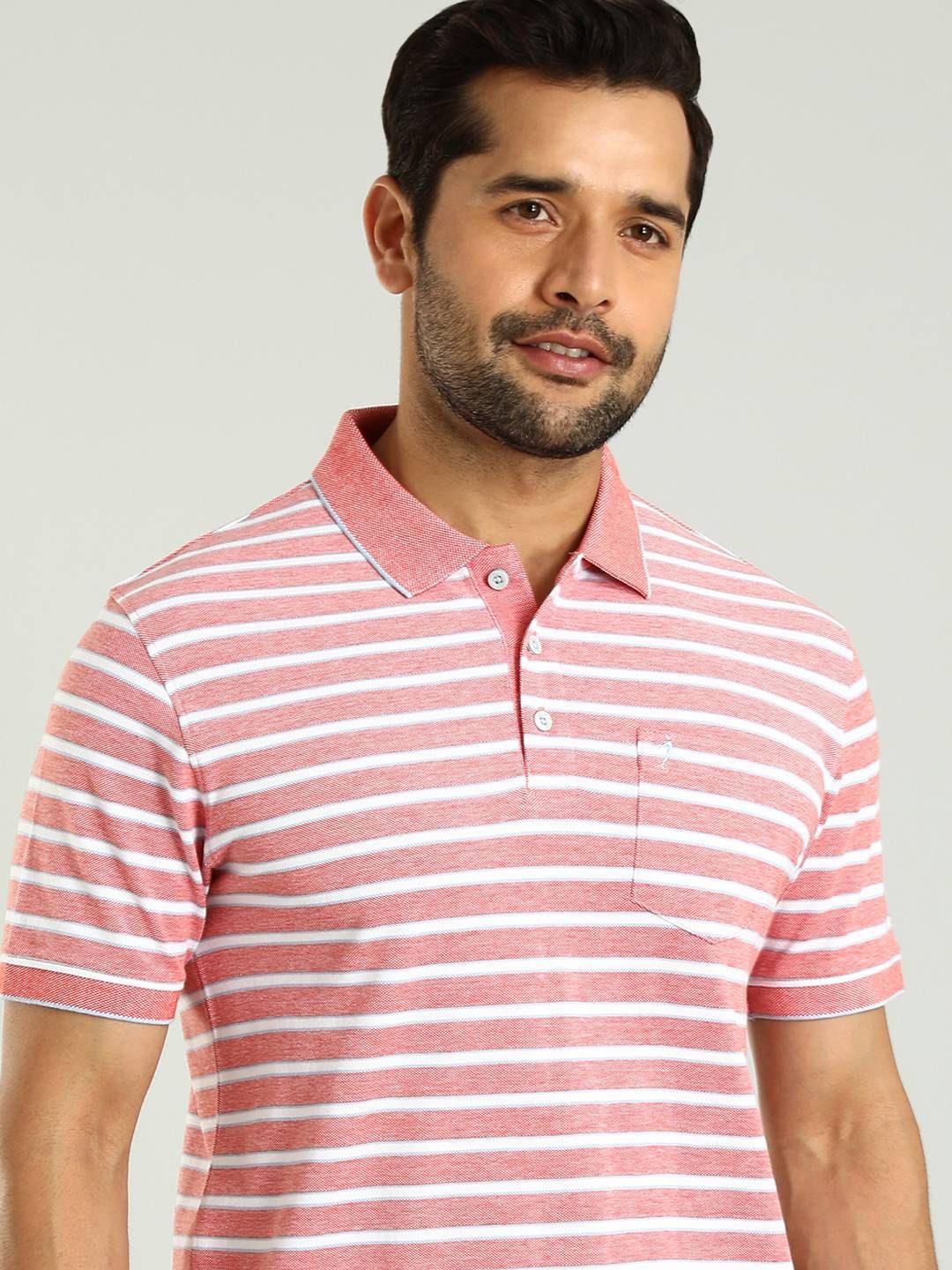 

Indian Terrain Men Striped Polo Collar Pockets Cotton T-shirt, Coral