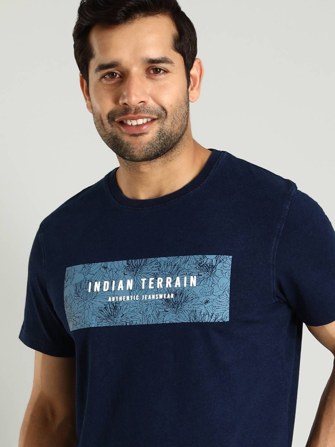 

Indian Terrain Men Printed Round Neck Pure Cotton T-shirt, Navy blue