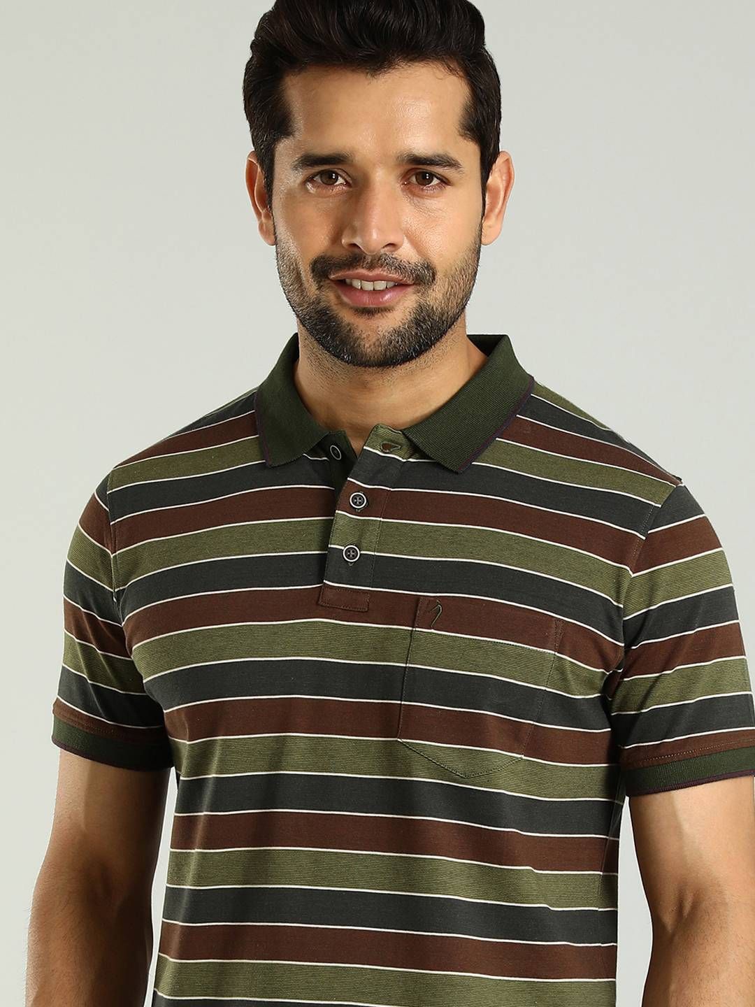 

Indian Terrain Men Striped Polo Collar Pockets T-shirt, Olive