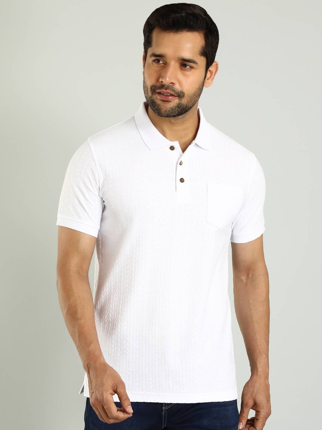 

Indian Terrain Men Self Design Polo Collar Pockets T-shirt, White
