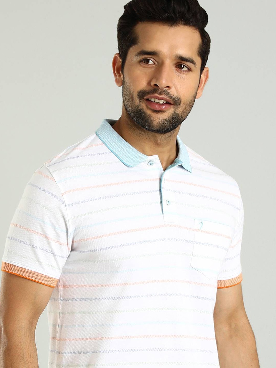 

Indian Terrain Men Striped Polo Collar Pockets T-shirt, White