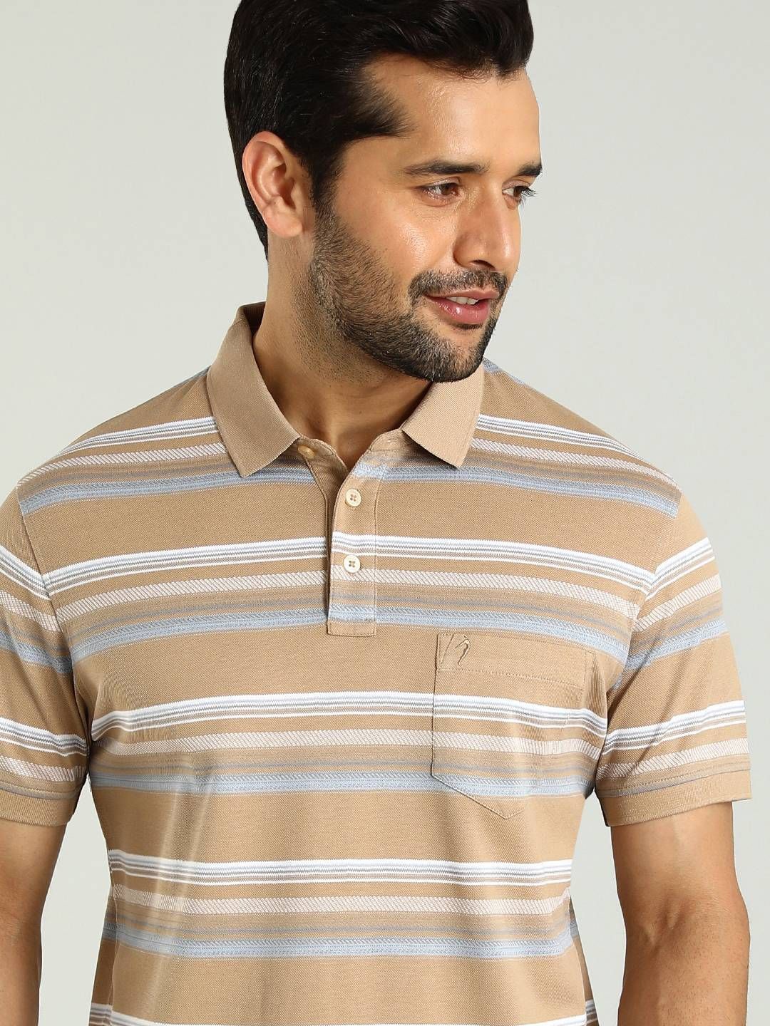 

Indian Terrain Men Striped Polo Collar Pockets T-shirt, Beige