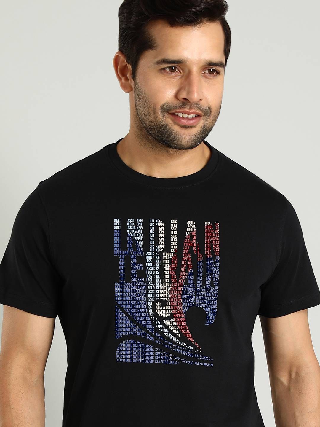 Indian Terrain Men Typography Printed Round Neck Cotton T-shirt, Black