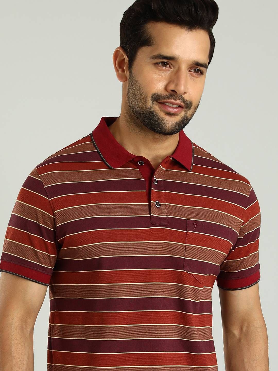 

Indian Terrain Striped Polo Collar Cotton T-shirt, Red