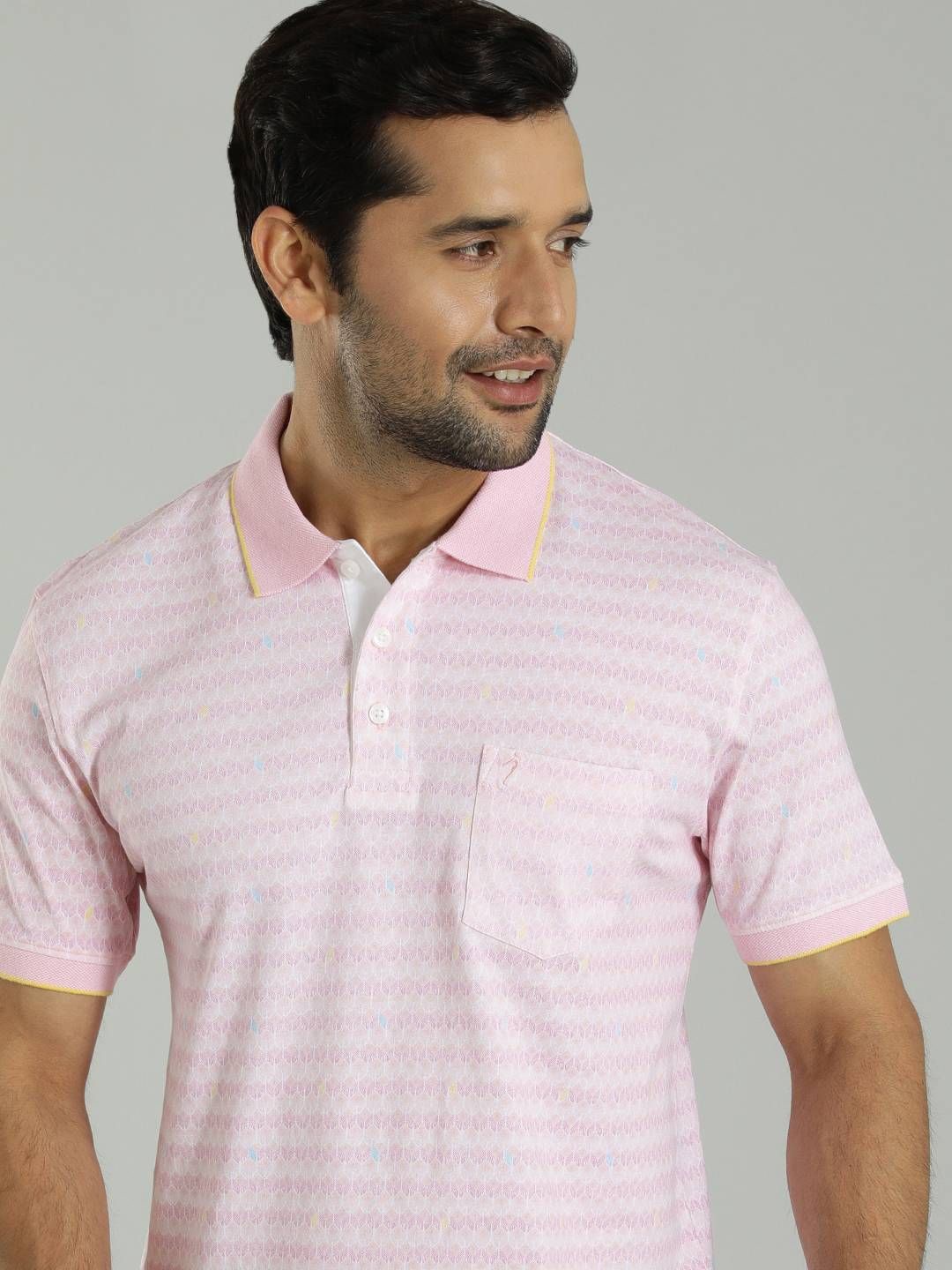 

Indian Terrain Men Striped Polo Collar Pockets T-shirt, Pink