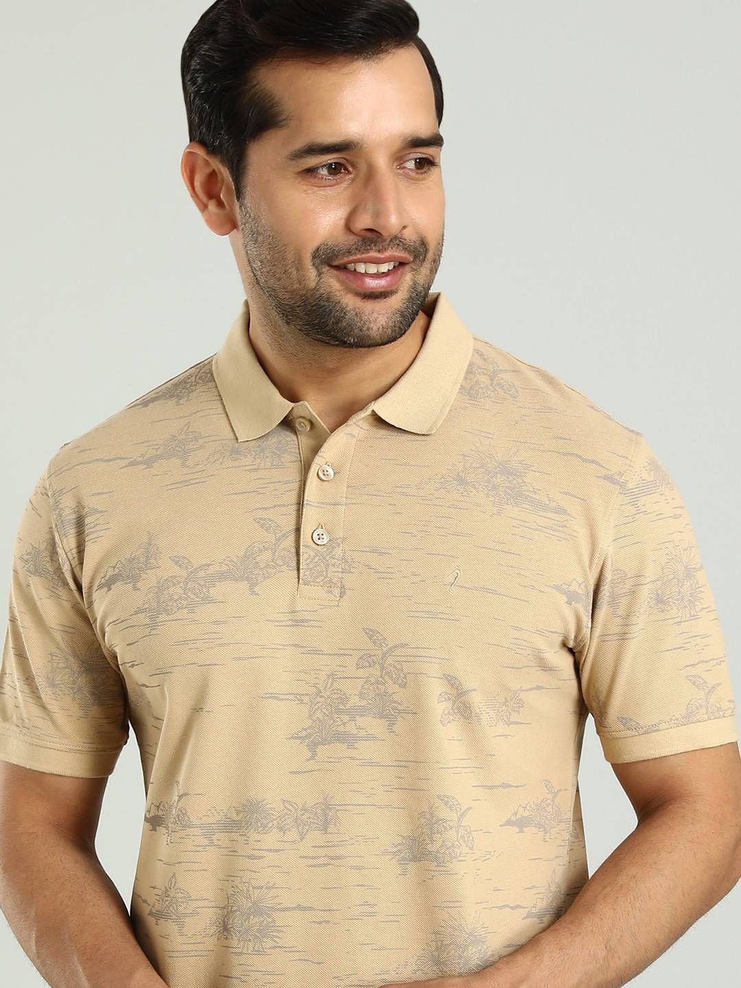 

Indian Terrain Men Tropical Printed Polo Collar Cotton T-shirt, Beige