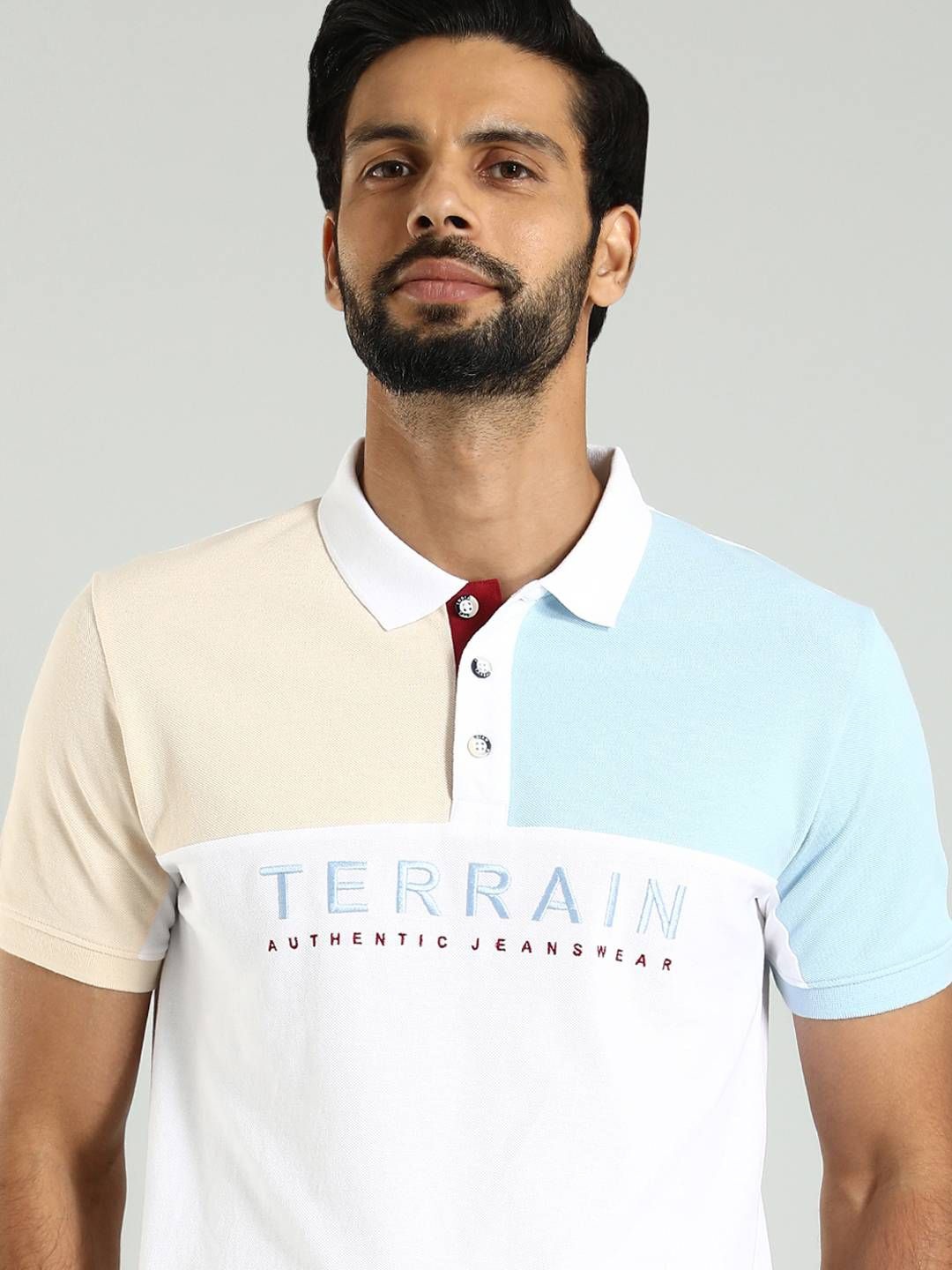 

Indian Terrain Colourblocked Polo Collar Cotton T-shirt, Blue