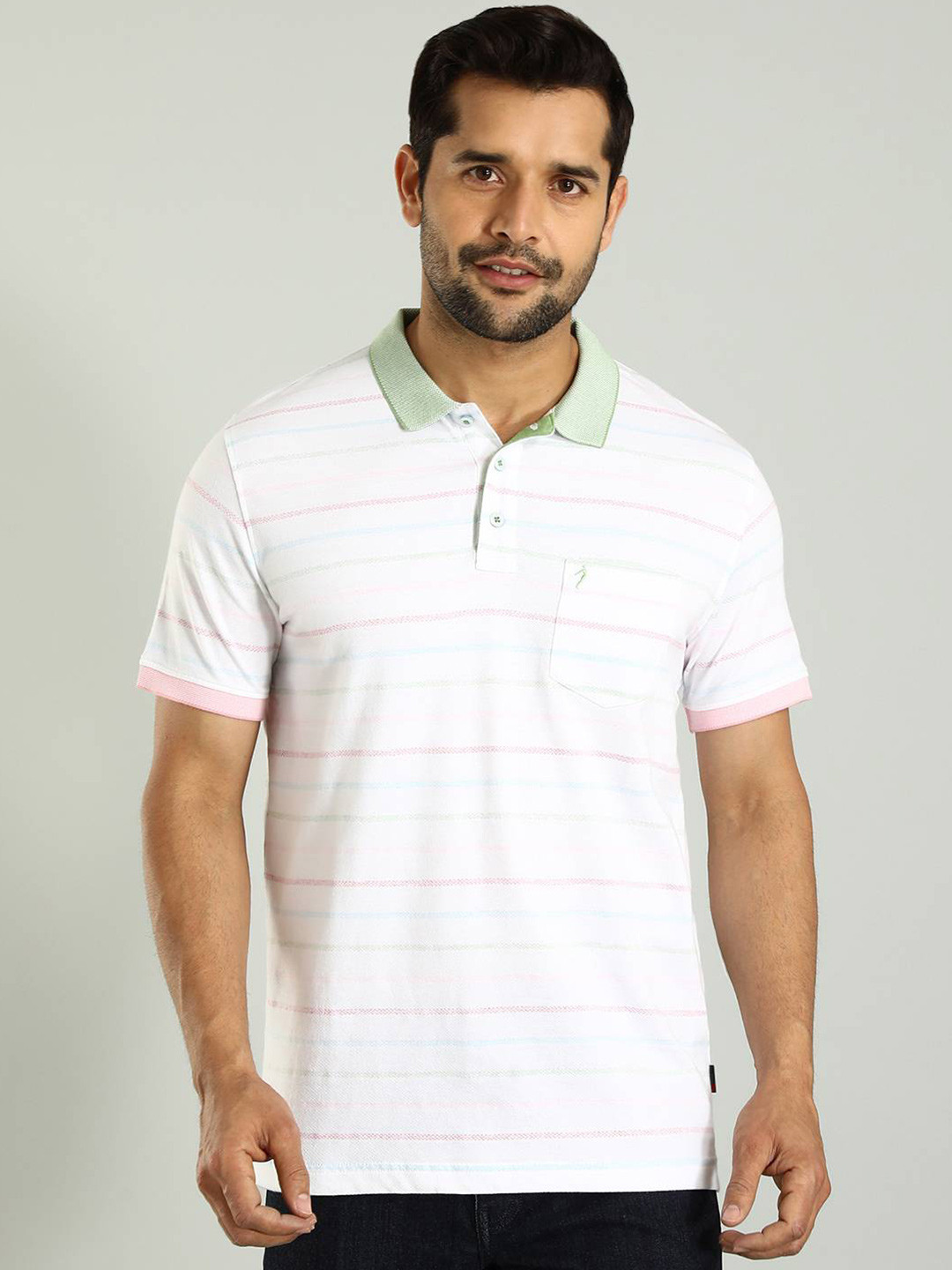 

Indian Terrain Men Striped Polo Collar Pockets T-shirt, White