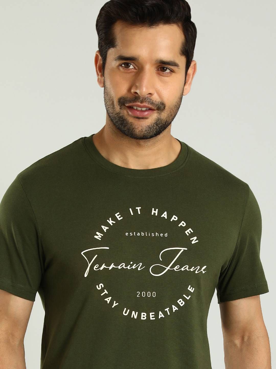 

Indian Terrain Men Typography Printed Round Neck Cotton T-shirt, Olive