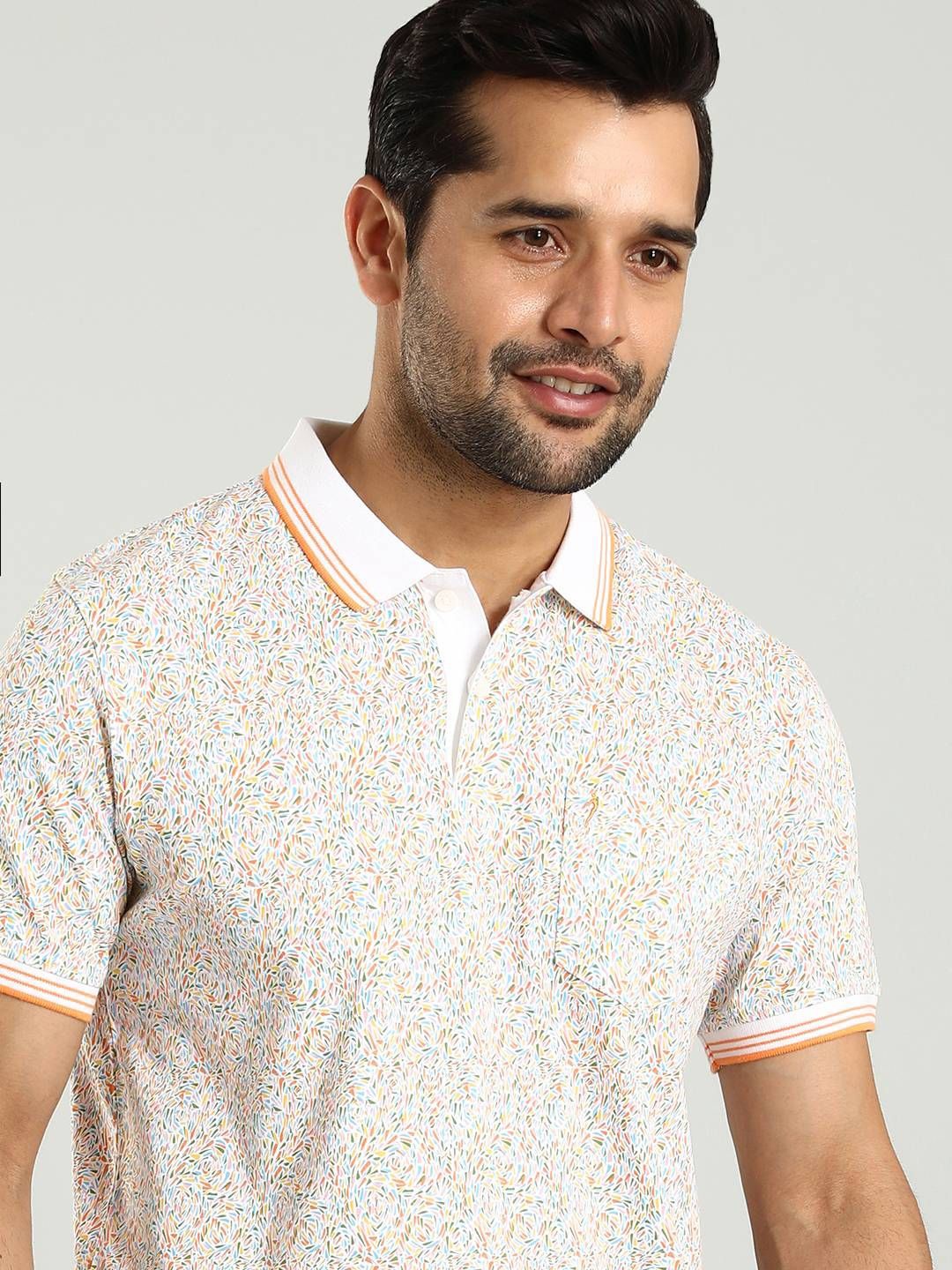 

Indian Terrain Abstract Printed Polo Collar Cotton T-shirt, White