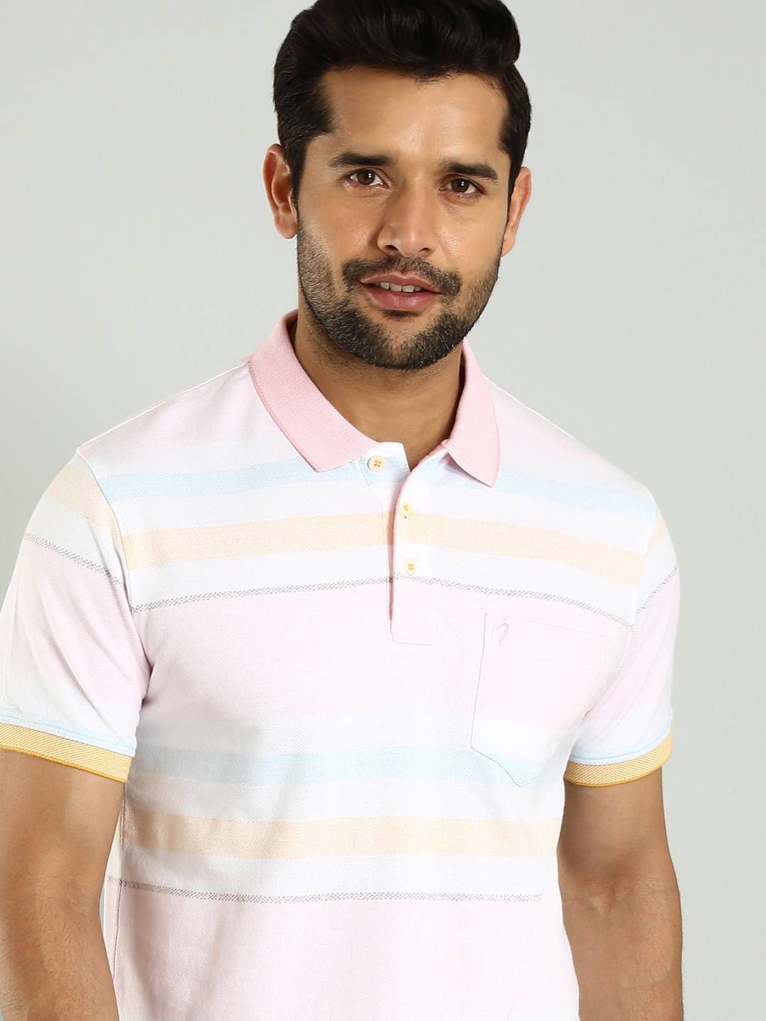 

Indian Terrain Men Striped Polo Collar Pockets Cotton T-shirt, White